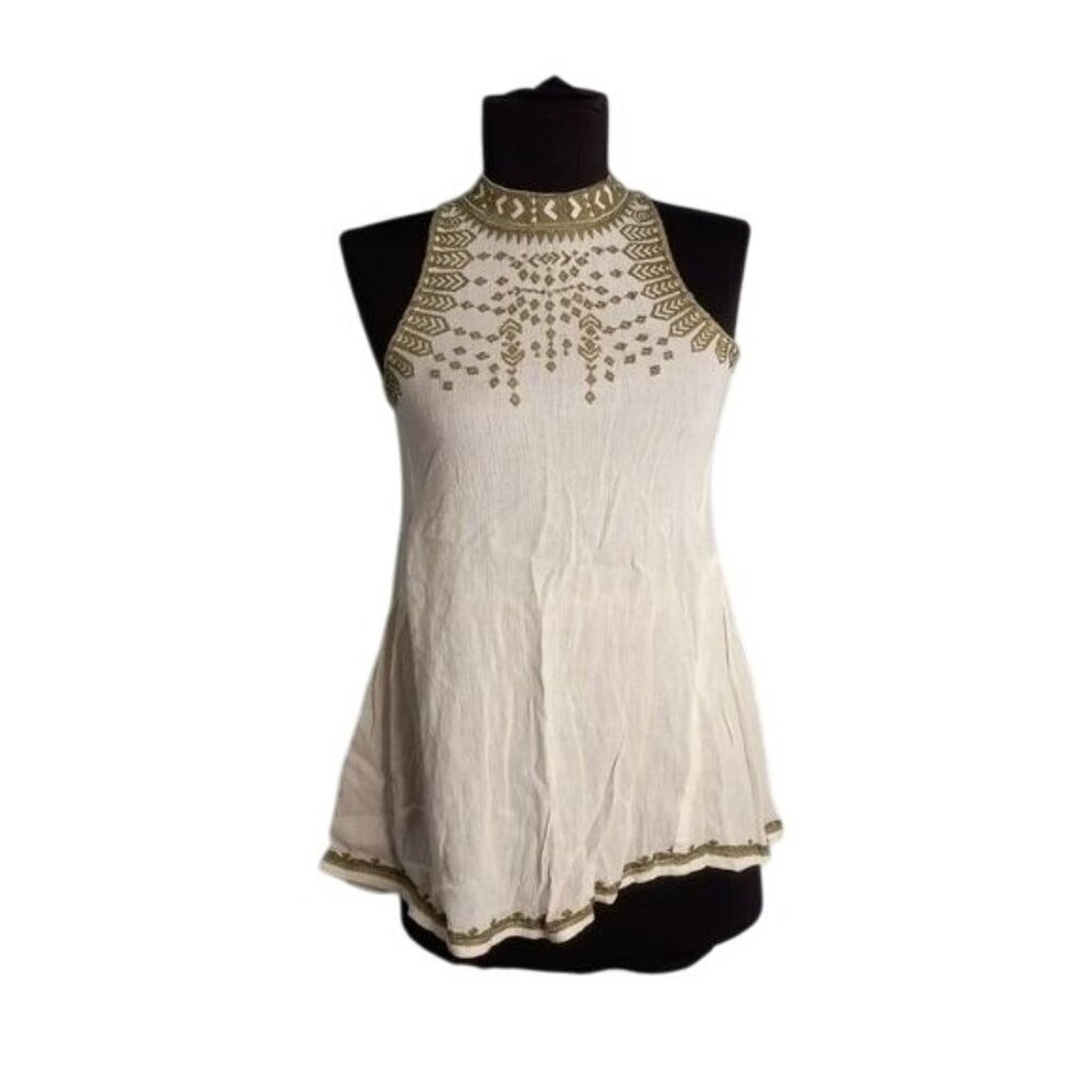 Altard State XS Embroidered Top Open Back Hi-Low Crinkle Broomstick Cream Green
